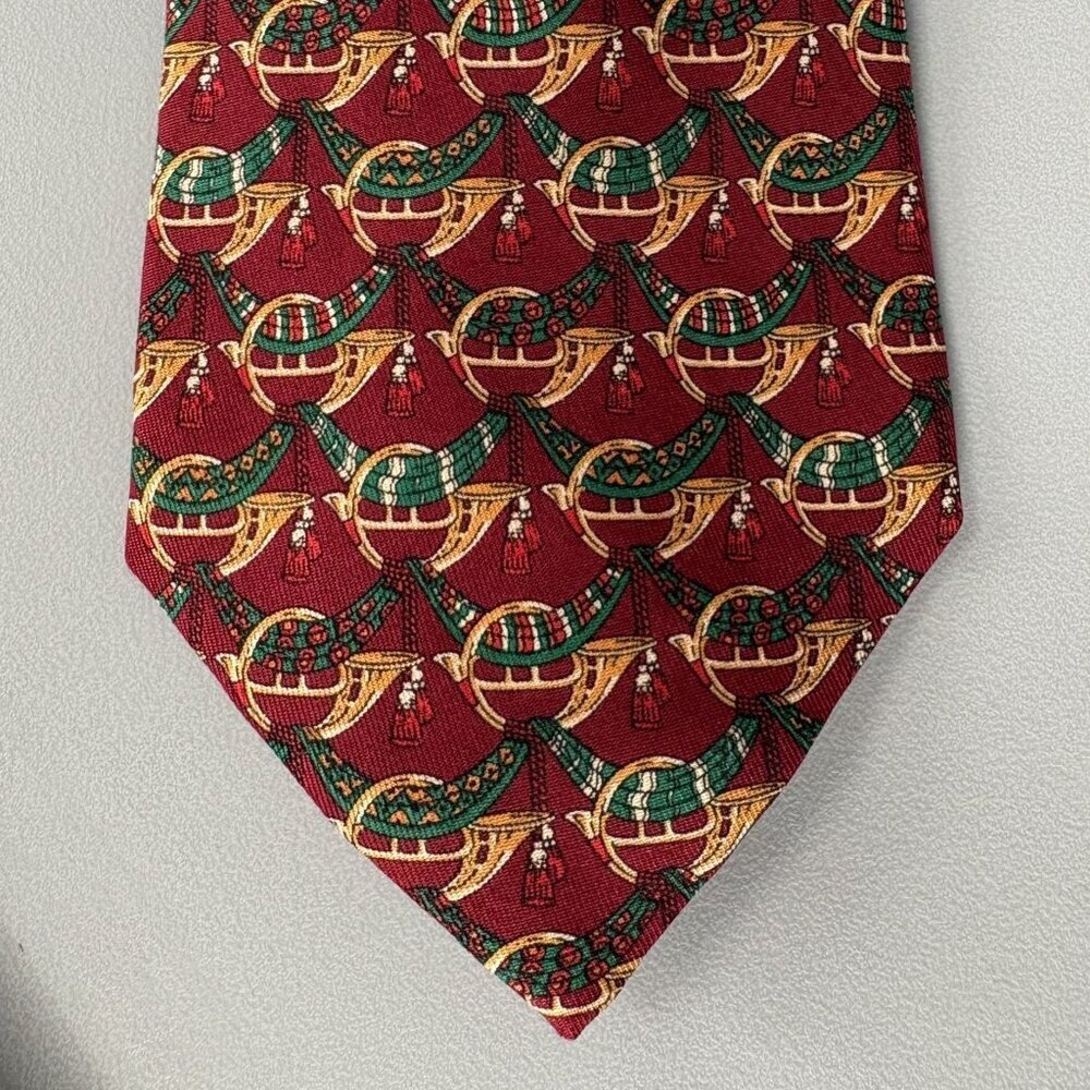 Vintage Salvatore Ferragamo Men's Hunting Horn Silk Tie Red Novelty 3.5" Wide